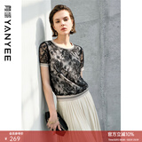 颜域黑色短袖圆领蕾丝新款夏装女士时尚外穿显瘦洋气上衣 黑色 XL