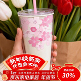 乐扣乐扣（LOCK&LOCK）双层吸管塑料杯趣味樱花夏日畅饮便携水杯750ML白色（赠吸管刷）