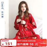达尔丽睡衣女春秋季纯棉长袖薄款家居服套装本命年红国潮印花开衫可外穿 T895118-029-山茶花 2XL :建议体重130-150斤