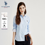 U.S. POLO ASSN.长袖衬衫女纯色防走光商务休闲纯棉白衬衣春秋通勤翻领女外套上衣