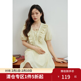 独束大码女装法式气质甜美泡泡袖连衣裙女夏装新款微胖mm高腰A字裙 香草黄 L