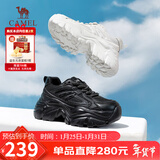 骆驼（CAMEL）老爹鞋女网布皮面拼接双系带厚底休闲鞋 L23S703108W 黑色透网 40