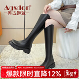 奥古狮登长筒靴女秋冬新款网红复古马丁靴V口高筒百搭粗跟时尚骑士靴女靴 624049黑色【单里款】 35