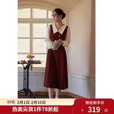 独束大码女装假两件撞色衬衫领连衣裙女秋冬微胖mm文艺复古穿搭裙子 勃艮第红【适合165左右】 2XL