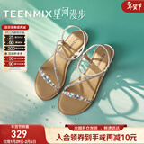 天美意一字带凉鞋平跟舒适时尚水钻条带时尚女鞋新款KI008BL5 银色 37