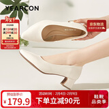 意尔康女鞋粗跟时装鞋浅口套脚高跟鞋工作女单鞋春秋 26905W米白40