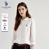 U.S. POLO ASSN.长袖衬衫女纯色防走光商务休闲纯棉白衬衣春秋通勤翻领女外套上衣