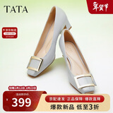 他她女鞋粗跟单鞋真皮方头休闲鞋高跟浅口鞋子7YO01AQ4 兰灰 34