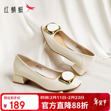 红蜻蜓秋冬女士粗跟小香风皮鞋职业通勤妈妈鞋高跟鞋WFB31540 米白色 39