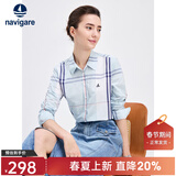 Navigare意大利小帆船女士长袖衬衫春秋季休闲格子衬衣莱赛尔高档寸衫 蔚蓝/白 L