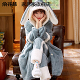 俞兆林（YUZHAOLIN）睡衣女冬2025新款加绒加厚睡袍女士秋冬珊瑚绒家居服套装可外穿 NSMLZ-蓝色兔耳朵 （卡通睡袍套装） L （建议100-120斤）