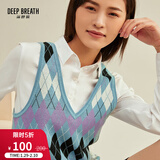 深呼吸DEEP BREATH女装V领格纹拼色造型纯棉针织衫马甲A300360 蓝紫菱格 S (2)