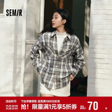 森马（Semir）长袖衬衫女春季中长款oversize翻领落肩格纹女生衬衣101125105007