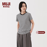 MUJI女式 天竺编织 圆领短袖T恤 上衣打底衫女款25年夏季女装内搭 黑色条纹 BB2P4C5S L (165/88A)