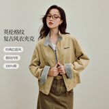 茵曼撞色格纹立领纯棉刺绣外套2025秋女装新款夹克上衣 卡其色 S