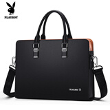 花花公子（PLAYBOY）牛皮男包 男士公文包商务休闲真皮单肩手提包 经典黑色 13英寸