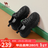 骆驼（CAMEL）老爹鞋女网布皮面拼接双系带厚底休闲鞋 L24S283079 黑色 37
