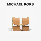 MICHAEL KORS【出片利器】GREENWICH系列老花斜挎包小号 牛皮棕/白色 轻奢礼物
