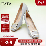 他她女鞋粗跟单鞋真皮方头休闲鞋高跟浅口鞋子7YO01AQ4 兰灰 38