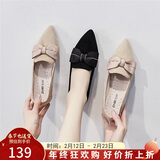 ZHR单鞋女绒面蝴蝶结尖头粗跟女鞋复古仙女风软底舒适鞋子女 Y357 黑色 38