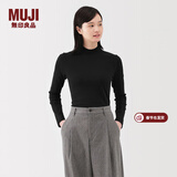 MUJI女式 起毛罗纹编织半高领长袖T恤上衣打底衫女款内搭春秋女装条纹 黑色 5A L （165/88A）