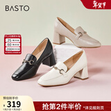 百思图秋季商场新款舒适乐福鞋高跟鞋羊皮鞋粗跟女单鞋KA103AA3 粉色 36