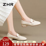ZHR单鞋女英伦风舒适方头乐福鞋女两穿粗跟透气皮鞋女 K196 米色 38