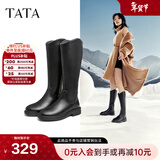 他她（TATA）黑色V口长筒靴女英伦加绒抗寒高筒靴骑士靴冬季G5JA1DG2 黑色（单里） 40