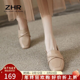 ZHR乐福鞋女一脚蹬真牛皮粗跟单鞋懒人鞋方头舒适英伦皮鞋女BL66杏35