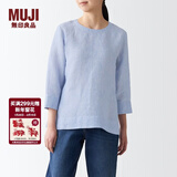 MUJI MUJI 女式 亚麻水洗 七分袖罩衫 T恤 亚麻上衣 BCA25C2S 烟熏蓝色条纹 L(165/88A)