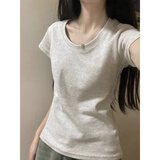 灿图韩系纯色正肩短袖t恤女装夏季新款内搭打底衫百搭修身显瘦上衣服 花灰色 M
