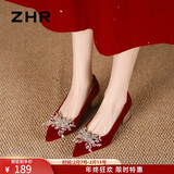 ZHR婚鞋女中式绒面秀禾女鞋2026新款气质新娘鞋子女尖头粗跟单鞋