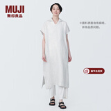 MUJI MUJI 女式 麻 水洗 开领半袖连衣裙 女装汉麻裙子夏季 BC2JLA4S 米白色条纹 M 160/84A