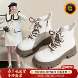 ZHR则则马丁靴女英伦风真牛皮舒适百搭厚底增高女靴INS网红街拍加绒短靴 米色（G631A-加绒） 36