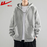 回力开衫卫衣男外套春秋季新款简约长袖纯色连帽上衣服 浅灰色 XL （建议体重150-170斤）