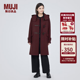 MUJI女式 羊毛混牛角扣大衣长款连帽毛呢呢子外套秋冬季外衣女装 深紫红色 XL (165/92A)