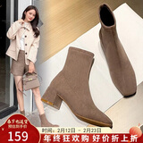 ZHR袜靴2025冬新款高跟鞋女洋气小短靴加绒保暖瘦瘦靴子女Y382卡其37