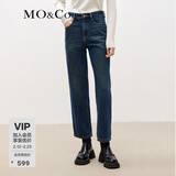 MO&Co.九分牛仔裤深蓝色高腰直筒美式复古牛仔裤长裤女阔腿裤摩安珂 牛仔蓝色-第2批 XL 29