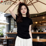 啄木鸟正肩短袖t恤女春夏2026新款内搭圆领百搭修身显瘦上衣 黑色 L