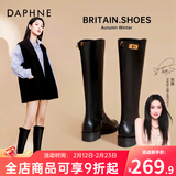 达芙妮官方长筒靴女2026秋冬新款骑士靴子女显瘦加绒高筒靴英伦风时装鞋 复古黑 单层 37
