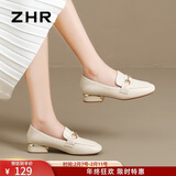 ZHR单鞋女英伦风舒适方头乐福鞋女两穿粗跟透气皮鞋女 K196 米色 37