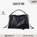 GROTTO个乐翻领包真皮大容量通勤小众机车风手提单肩斜挎包通勤礼物 经典黑(牛皮)  L