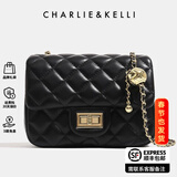 CHARLIE&KELLI CK品牌包包女款2026新款520情人节礼物链条菱格包小香风单肩斜挎 黑色浅金有logo（金色内里）