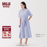 MUJI女式 凉感 短袖衬衫连衣裙女装裙子纯棉25年夏季长裙 萨克森蓝条纹 XL (165/92A)