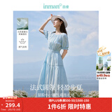 茵曼（INMAN）亚麻提花连衣裙2025夏季女装新品休闲松紧收腰气质高级感长裙子 浅蓝色 XL