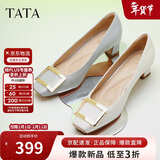 他她女鞋粗跟单鞋真皮方头休闲鞋高跟浅口鞋子7YO01AQ4 白色 39