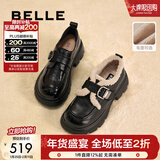 百丽（Belle）张凌赫推荐黑巧乐福鞋女商场英伦风牛皮厚底小皮鞋E1Z1DAM6 黑色-毛里 37 (235mm)