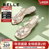 百丽（Belle）小福蝶夹脚人字拖女商场款水钻拖鞋A9K1DBL4 银色-粗跟款 36 (230mm)