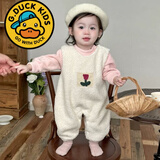 G.duck宝宝套装春秋款甜美碎花娃娃领衬衫刺绣背带裤两件套秋天婴儿衣服 粉色加绒卫衣+米白色背带裤两件套 （冬季加绒款） 90 （1岁-2岁）