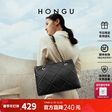 红谷包包女包新款牛皮单肩包手提包时尚大容量托特包女情人节礼物 漆黑